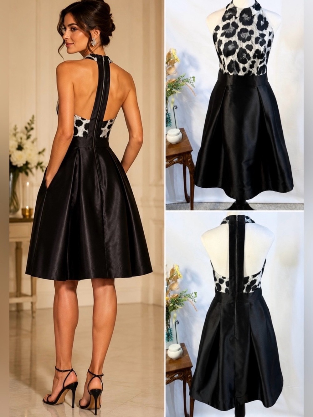 💥Theia Leopard Jacquard Halter Open Back  Cocktail Dress with Pockets Sz 8🧡